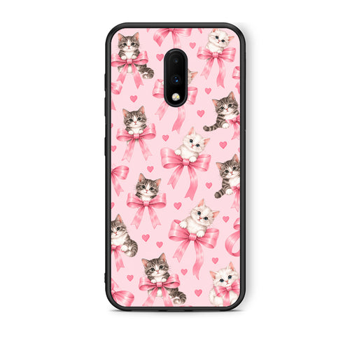 Θήκη OnePlus 7 Kittens and Pink Bows on Pink από τη Smartfits με σχέδιο στο πίσω μέρος και μαύρο περίβλημα | OnePlus 7 Kittens and Pink Bows on Pink case with colorful back and black bezels