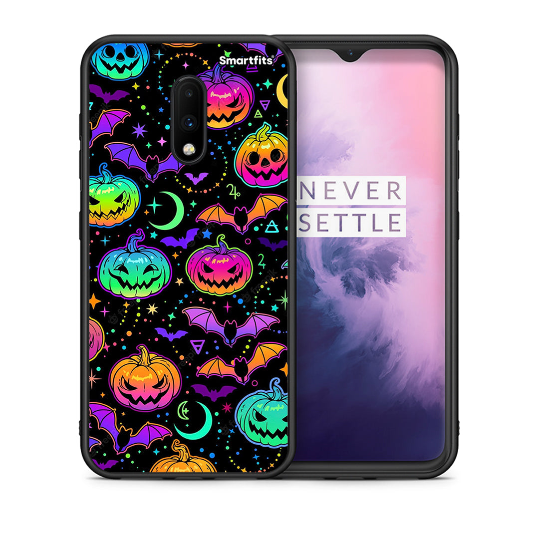 Θήκη OnePlus 7 Neon Halloween από τη Smartfits με σχέδιο στο πίσω μέρος και μαύρο περίβλημα | OnePlus 7 Neon Halloween case with colorful back and black bezels