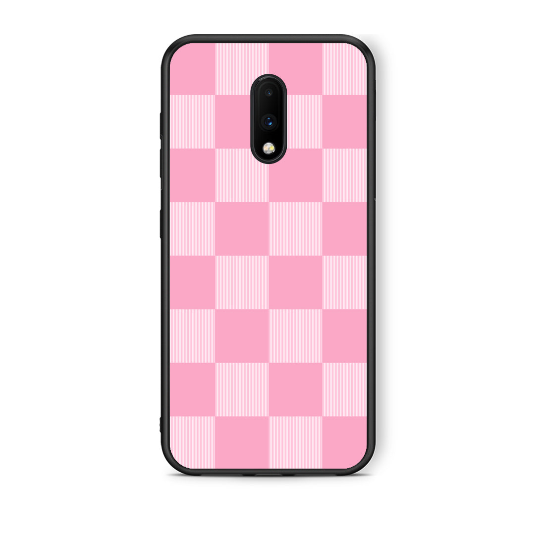 Θήκη OnePlus 7 Pink and White Striped Checks από τη Smartfits με σχέδιο στο πίσω μέρος και μαύρο περίβλημα | OnePlus 7 Pink and White Striped Checks case with colorful back and black bezels