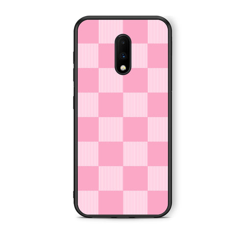 Θήκη OnePlus 7 Pink and White Striped Checks από τη Smartfits με σχέδιο στο πίσω μέρος και μαύρο περίβλημα | OnePlus 7 Pink and White Striped Checks case with colorful back and black bezels