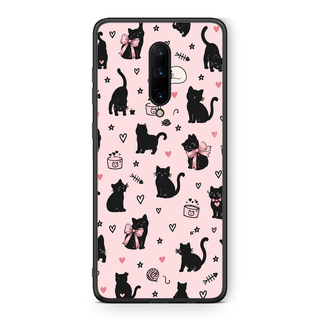 Θήκη OnePlus 7 Pro Black Cat Doodles on Pink από τη Smartfits με σχέδιο στο πίσω μέρος και μαύρο περίβλημα | OnePlus 7 Pro Black Cat Doodles on Pink case with colorful back and black bezels