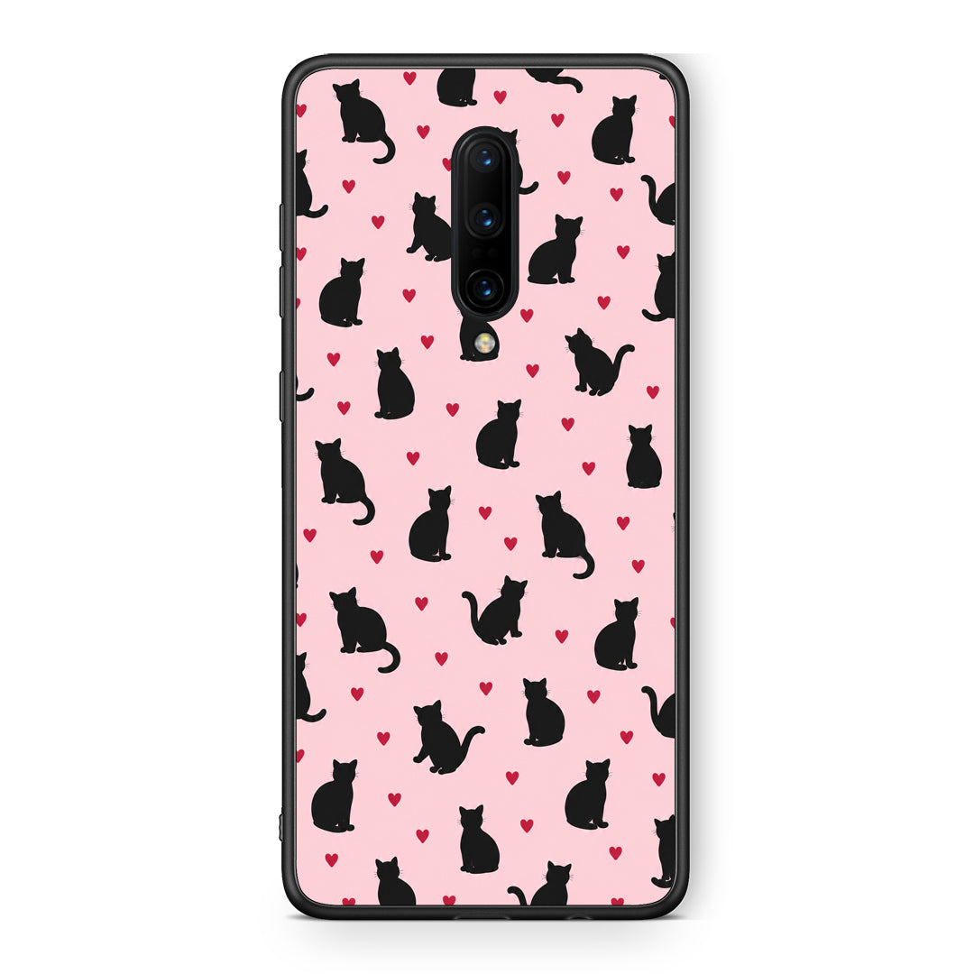 Θήκη OnePlus 7 Pro Black Cat Silhouettes and Hearts on Pink από τη Smartfits με σχέδιο στο πίσω μέρος και μαύρο περίβλημα | OnePlus 7 Pro Black Cat Silhouettes and Hearts on Pink case with colorful back and black bezels