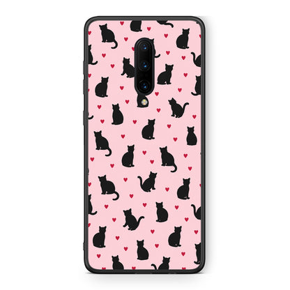 Θήκη OnePlus 7 Pro Black Cat Silhouettes and Hearts on Pink από τη Smartfits με σχέδιο στο πίσω μέρος και μαύρο περίβλημα | OnePlus 7 Pro Black Cat Silhouettes and Hearts on Pink case with colorful back and black bezels