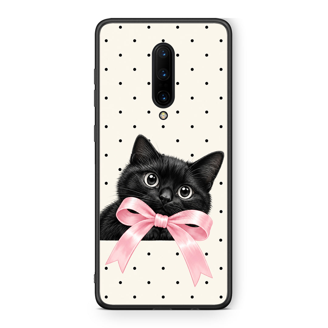 Θήκη OnePlus 7 Pro Black Kitten Pink Bow and Polka Dots από τη Smartfits με σχέδιο στο πίσω μέρος και μαύρο περίβλημα | OnePlus 7 Pro Black Kitten Pink Bow and Polka Dots case with colorful back and black bezels