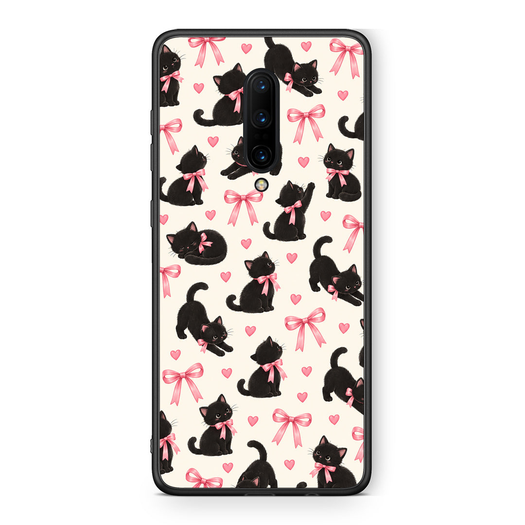 Θήκη OnePlus 7 Pro Black Kittens and Pink Bows on Cream Small από τη Smartfits με σχέδιο στο πίσω μέρος και μαύρο περίβλημα | OnePlus 7 Pro Black Kittens and Pink Bows on Cream Small case with colorful back and black bezels