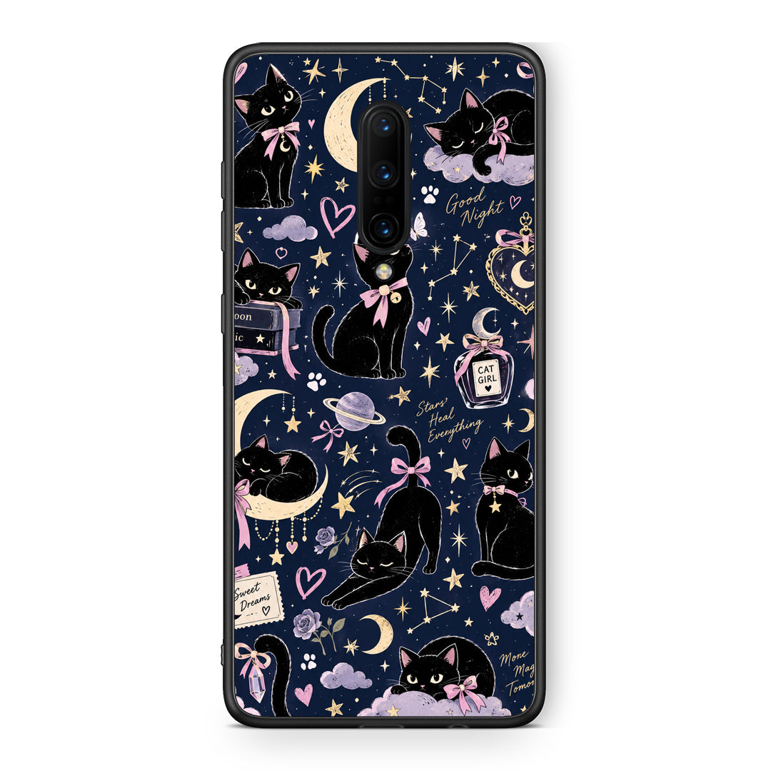 Θήκη OnePlus 7 Pro Celestial Black Cats on Navy από τη Smartfits με σχέδιο στο πίσω μέρος και μαύρο περίβλημα | OnePlus 7 Pro Celestial Black Cats on Navy case with colorful back and black bezels