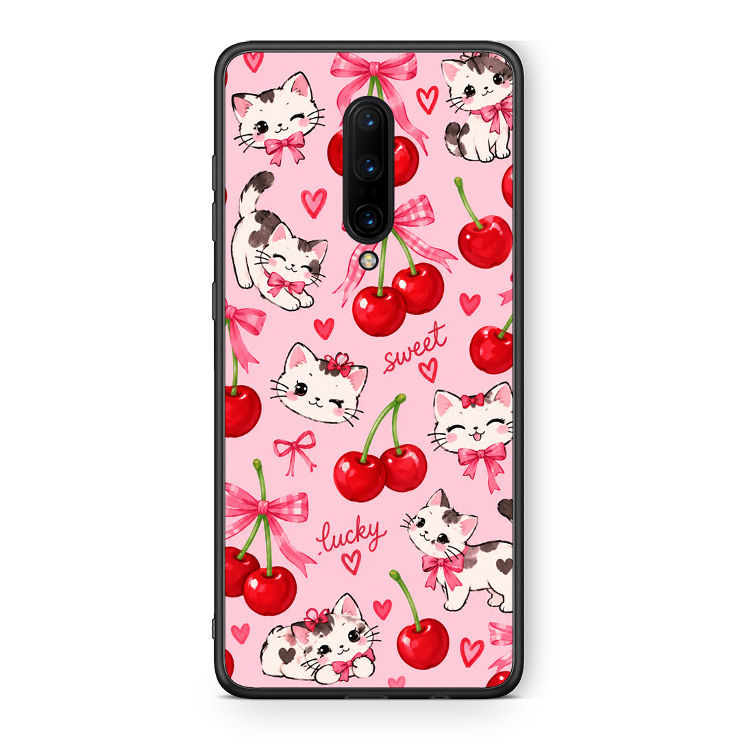 Θήκη OnePlus 7 Pro Cherries Bows and Kittens on Pink από τη Smartfits με σχέδιο στο πίσω μέρος και μαύρο περίβλημα | OnePlus 7 Pro Cherries Bows and Kittens on Pink case with colorful back and black bezels