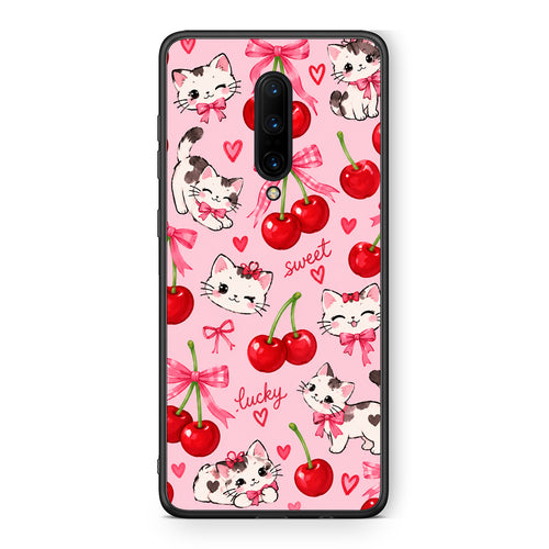 Θήκη OnePlus 7 Pro Cherries Bows and Kittens on Pink από τη Smartfits με σχέδιο στο πίσω μέρος και μαύρο περίβλημα | OnePlus 7 Pro Cherries Bows and Kittens on Pink case with colorful back and black bezels