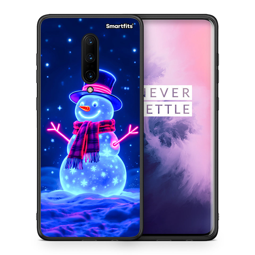 Θήκη OnePlus 7 Pro Christmas Neon Snowman από τη Smartfits με σχέδιο στο πίσω μέρος και μαύρο περίβλημα | OnePlus 7 Pro Christmas Neon Snowman case with colorful back and black bezels