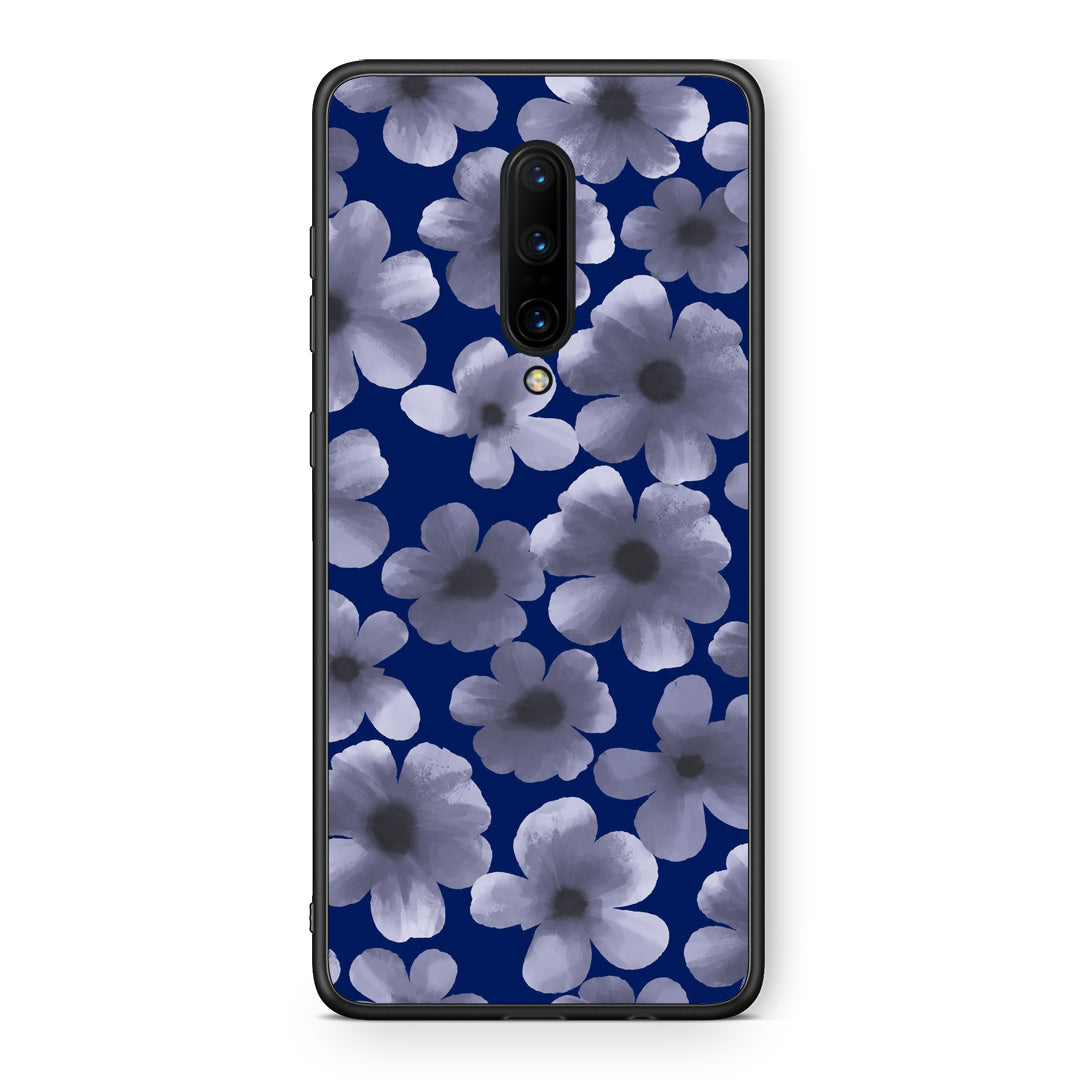 Θήκη OnePlus 7 Pro Pale Blue Flowers on Navy από τη Smartfits με σχέδιο στο πίσω μέρος και μαύρο περίβλημα | OnePlus 7 Pro Pale Blue Flowers on Navy case with colorful back and black bezels