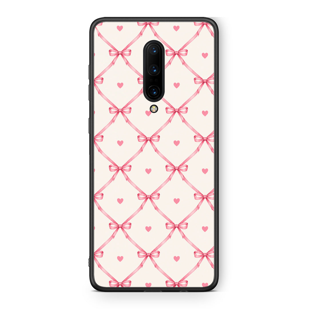 Θήκη OnePlus 7 Pro Pink Bow Lattice and Hearts on Cream από τη Smartfits με σχέδιο στο πίσω μέρος και μαύρο περίβλημα | OnePlus 7 Pro Pink Bow Lattice and Hearts on Cream case with colorful back and black bezels