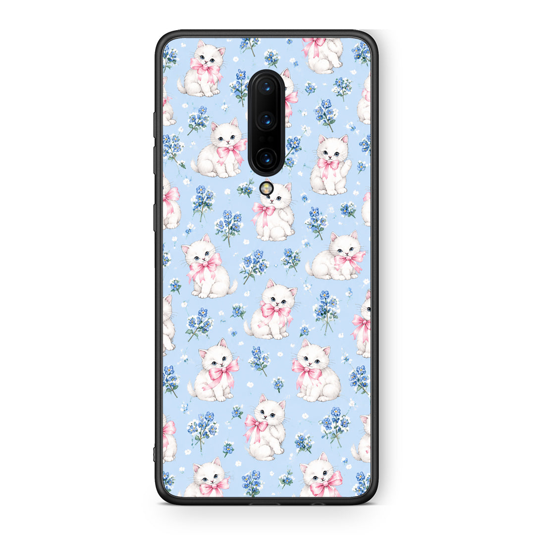 Θήκη OnePlus 7 Pro White Kittens and Blue Flowers Small από τη Smartfits με σχέδιο στο πίσω μέρος και μαύρο περίβλημα | OnePlus 7 Pro White Kittens and Blue Flowers Small case with colorful back and black bezels