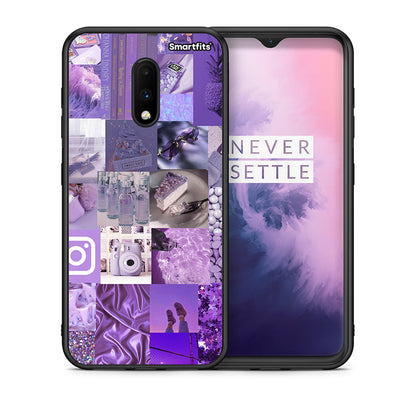 Θήκη OnePlus 7 Purple Aesthetic Collage από τη Smartfits με σχέδιο στο πίσω μέρος και μαύρο περίβλημα | OnePlus 7 Purple Aesthetic Collage case with colorful back and black bezels