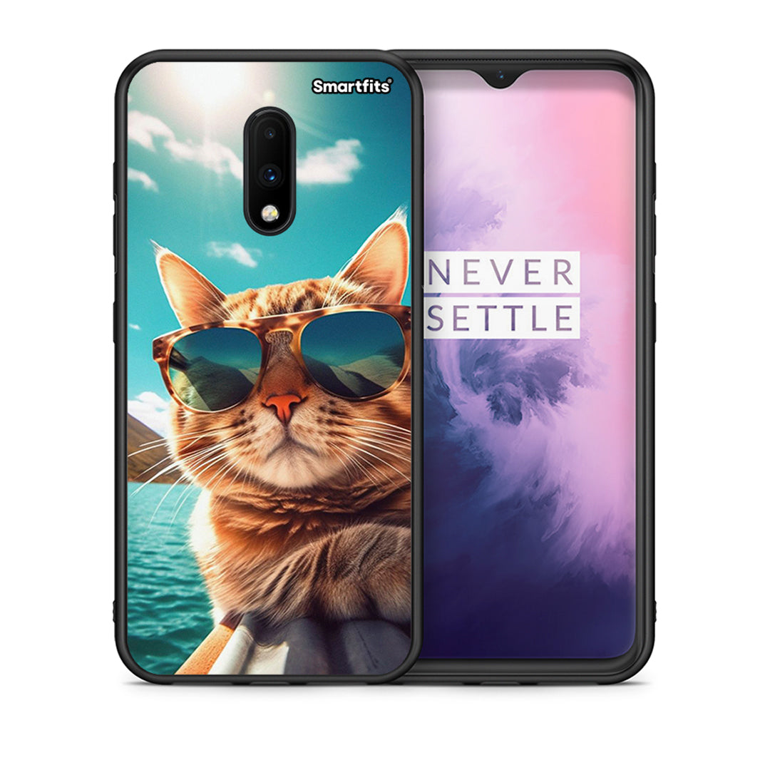 Θήκη OnePlus 7 Summer Cat από τη Smartfits με σχέδιο στο πίσω μέρος και μαύρο περίβλημα | OnePlus 7 Summer Cat case with colorful back and black bezels