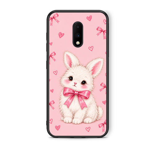 Θήκη OnePlus 7 White Bunny and Pink Bows από τη Smartfits με σχέδιο στο πίσω μέρος και μαύρο περίβλημα | OnePlus 7 White Bunny and Pink Bows case with colorful back and black bezels