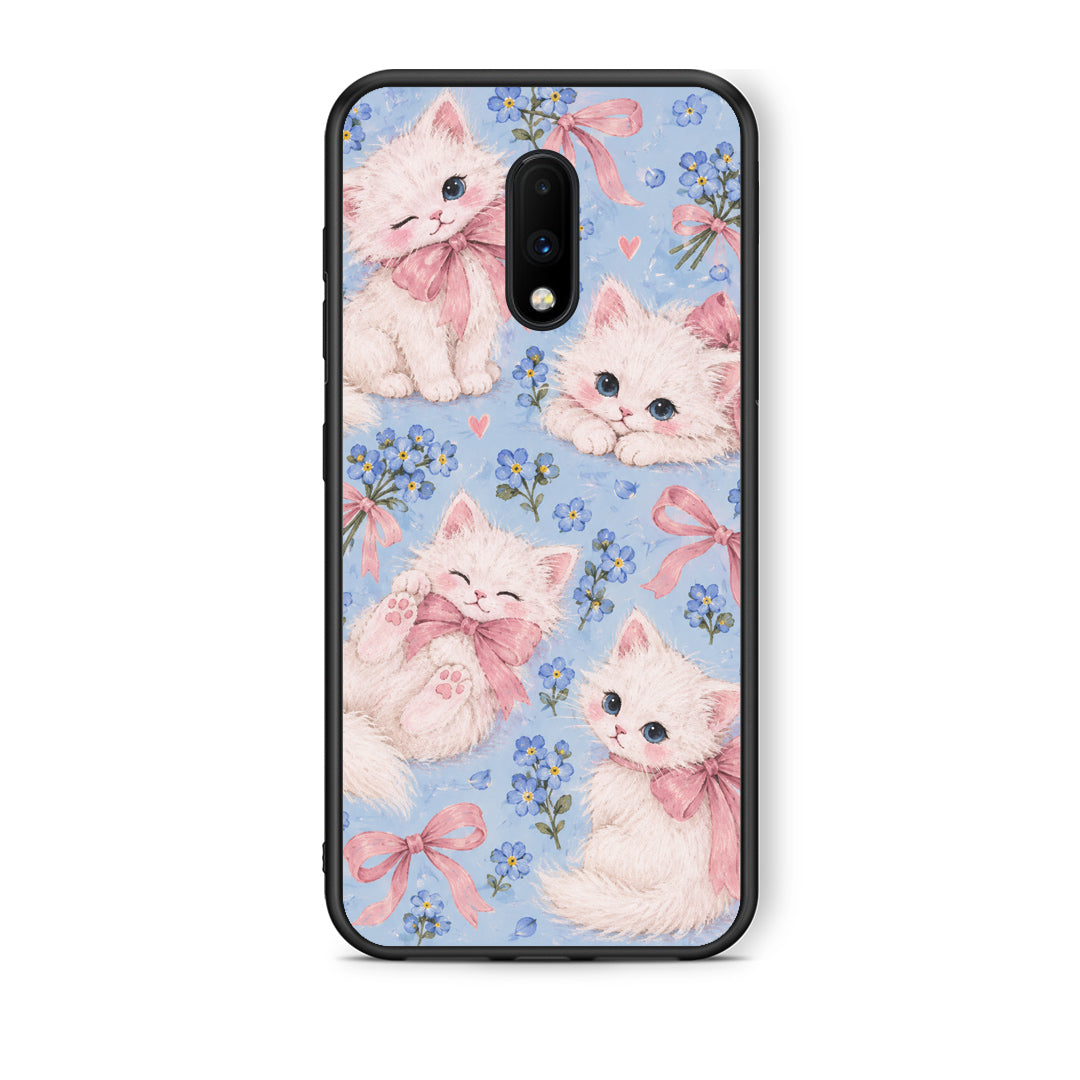 Θήκη OnePlus 7 White Kittens and Blue Flowers Large από τη Smartfits με σχέδιο στο πίσω μέρος και μαύρο περίβλημα | OnePlus 7 White Kittens and Blue Flowers Large case with colorful back and black bezels