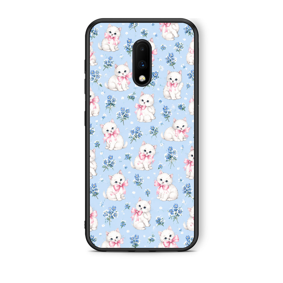 Θήκη OnePlus 7 White Kittens and Blue Flowers Small από τη Smartfits με σχέδιο στο πίσω μέρος και μαύρο περίβλημα | OnePlus 7 White Kittens and Blue Flowers Small case with colorful back and black bezels