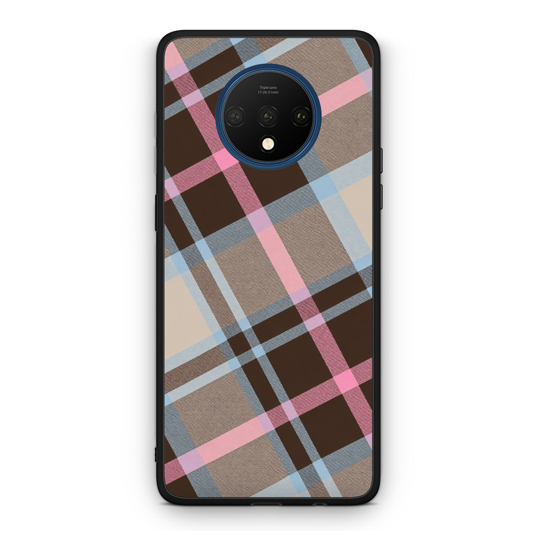 Θήκη OnePlus 7T Brown Pink and Blue Diagonal Plaid από τη Smartfits με σχέδιο στο πίσω μέρος και μαύρο περίβλημα | OnePlus 7T Brown Pink and Blue Diagonal Plaid case with colorful back and black bezels