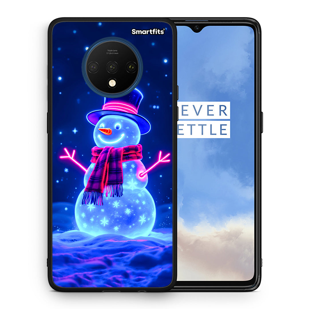 Θήκη OnePlus 7T Christmas Neon Snowman από τη Smartfits με σχέδιο στο πίσω μέρος και μαύρο περίβλημα | OnePlus 7T Christmas Neon Snowman case with colorful back and black bezels