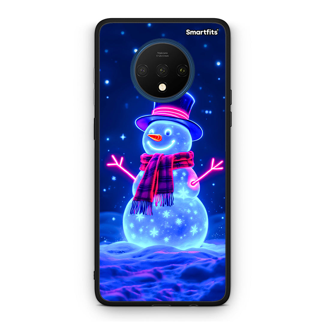 OnePlus 7T Christmas Neon Snowman θήκη από τη Smartfits με σχέδιο στο πίσω μέρος και μαύρο περίβλημα | Smartphone case with colorful back and black bezels by Smartfits