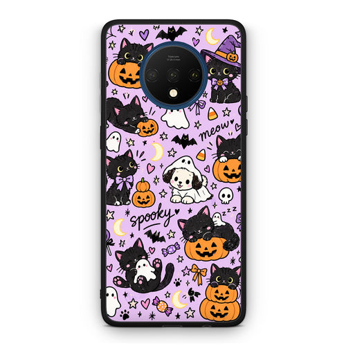 Θήκη OnePlus 7T Halloween Black Cats on Lilac από τη Smartfits με σχέδιο στο πίσω μέρος και μαύρο περίβλημα | OnePlus 7T Halloween Black Cats on Lilac case with colorful back and black bezels