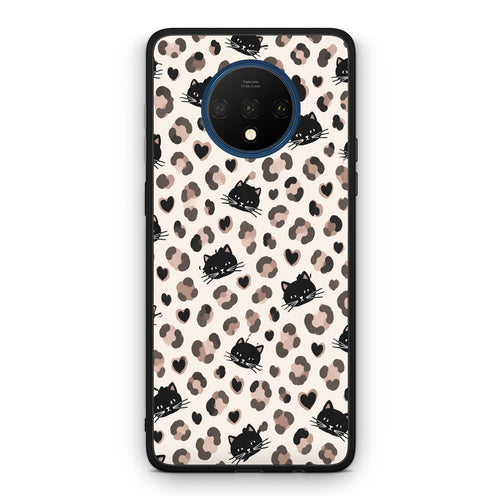 Θήκη OnePlus 7T Leopard Spots and Black Cats on Cream από τη Smartfits με σχέδιο στο πίσω μέρος και μαύρο περίβλημα | OnePlus 7T Leopard Spots and Black Cats on Cream case with colorful back and black bezels