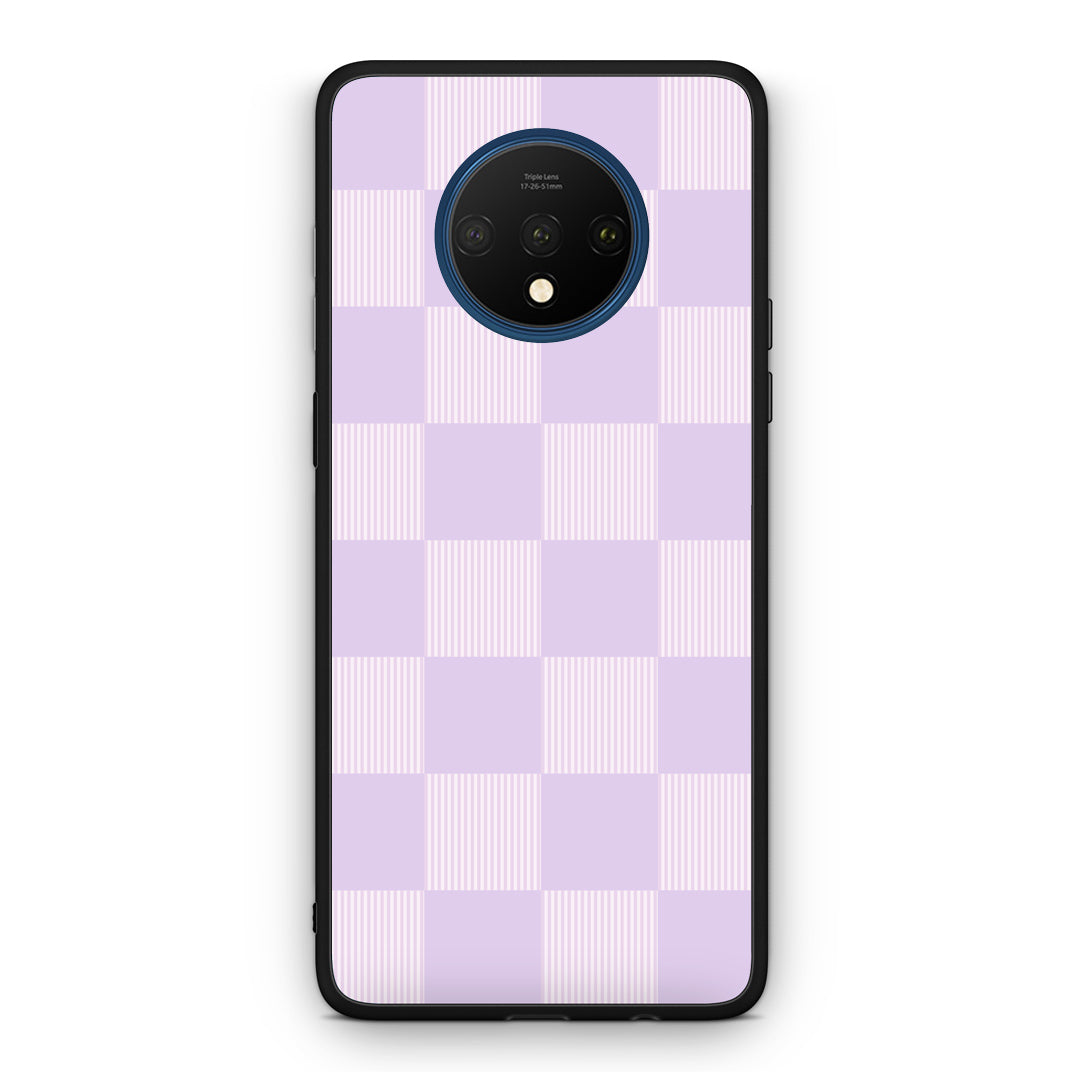 Θήκη OnePlus 7T Lilac and Cream Striped Checks από τη Smartfits με σχέδιο στο πίσω μέρος και μαύρο περίβλημα | OnePlus 7T Lilac and Cream Striped Checks case with colorful back and black bezels