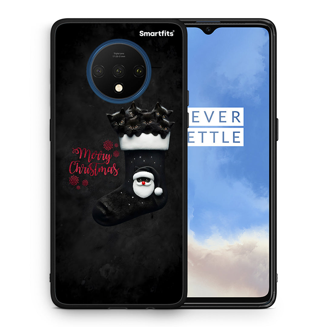 Θήκη OnePlus 7T Merry Cat Christmas από τη Smartfits με σχέδιο στο πίσω μέρος και μαύρο περίβλημα | OnePlus 7T Merry Cat Christmas case with colorful back and black bezels