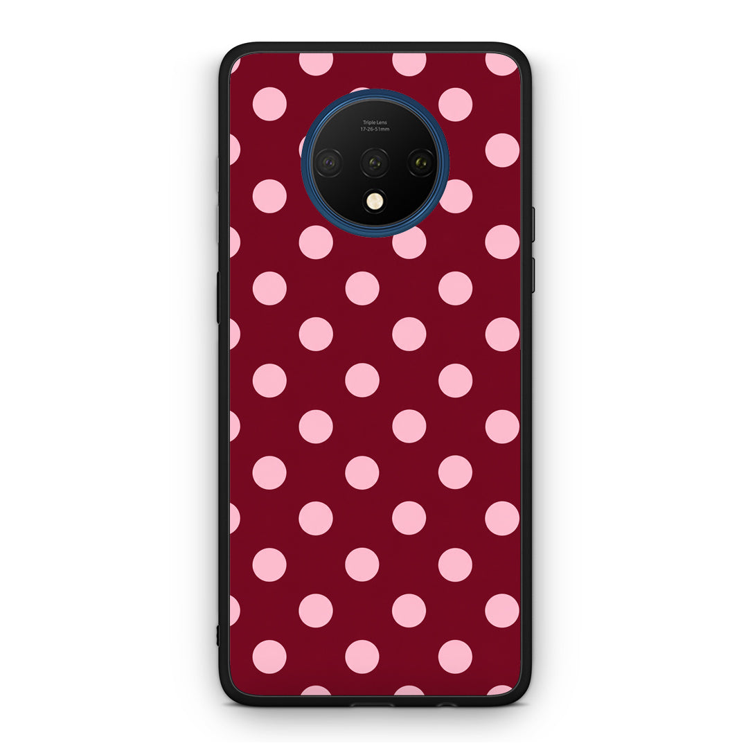 Θήκη OnePlus 7T Pink Polka Dots on Burgundy από τη Smartfits με σχέδιο στο πίσω μέρος και μαύρο περίβλημα | OnePlus 7T Pink Polka Dots on Burgundy case with colorful back and black bezels