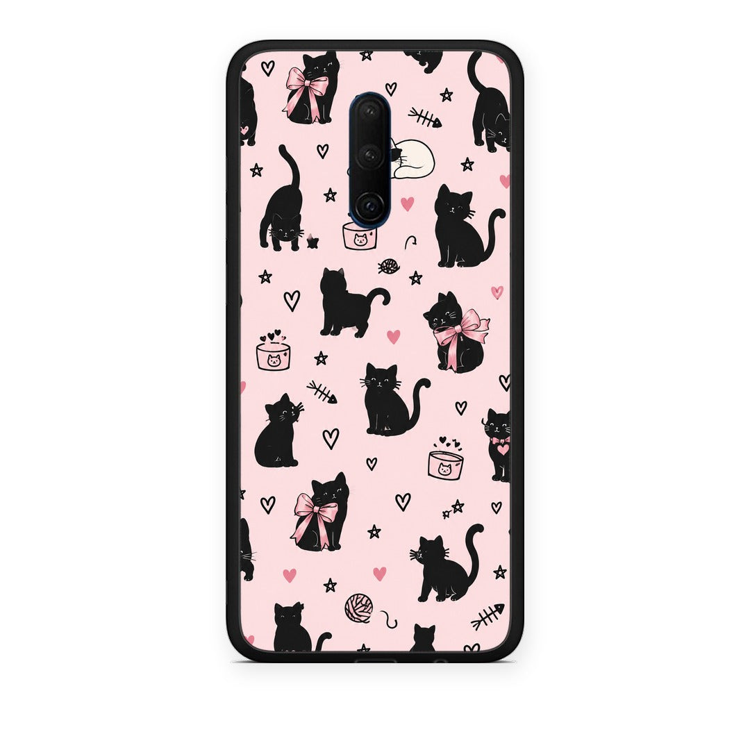 Θήκη OnePlus 7T Pro Black Cat Doodles on Pink από τη Smartfits με σχέδιο στο πίσω μέρος και μαύρο περίβλημα | OnePlus 7T Pro Black Cat Doodles on Pink case with colorful back and black bezels