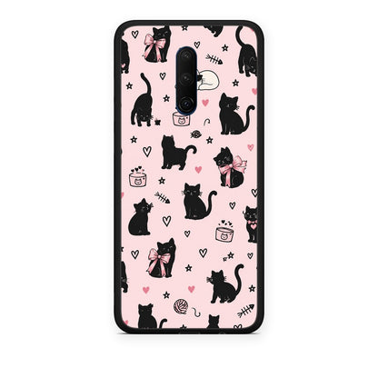 Θήκη OnePlus 7T Pro Black Cat Doodles on Pink από τη Smartfits με σχέδιο στο πίσω μέρος και μαύρο περίβλημα | OnePlus 7T Pro Black Cat Doodles on Pink case with colorful back and black bezels