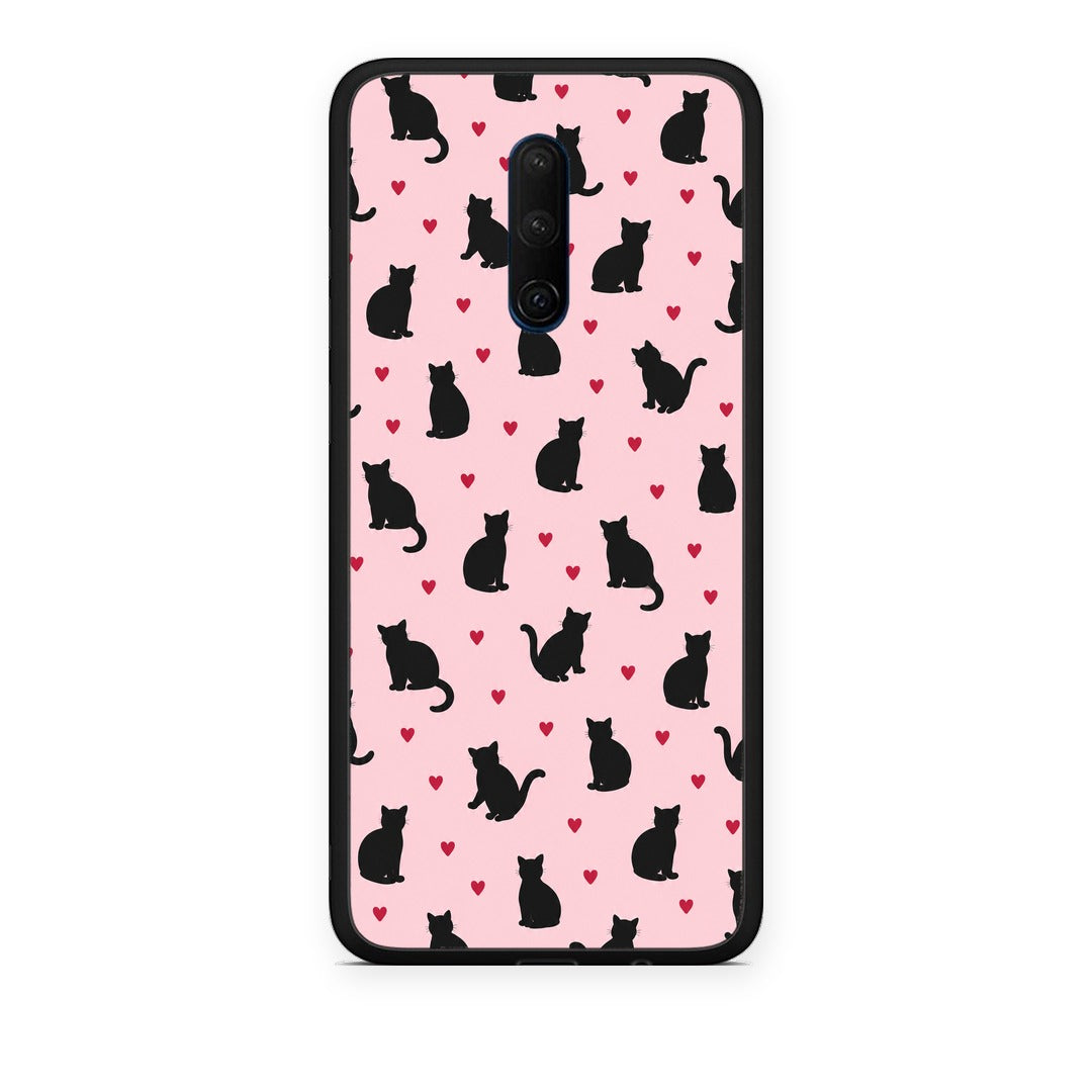 Θήκη OnePlus 7T Pro Black Cat Silhouettes and Hearts on Pink από τη Smartfits με σχέδιο στο πίσω μέρος και μαύρο περίβλημα | OnePlus 7T Pro Black Cat Silhouettes and Hearts on Pink case with colorful back and black bezels