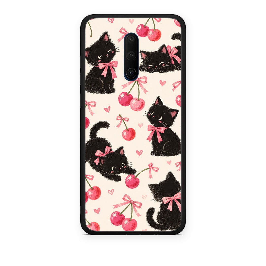 Θήκη OnePlus 7T Pro Black Kittens and Cherries on Cream από τη Smartfits με σχέδιο στο πίσω μέρος και μαύρο περίβλημα | OnePlus 7T Pro Black Kittens and Cherries on Cream case with colorful back and black bezels