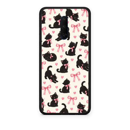 Θήκη OnePlus 7T Pro Black Kittens and Pink Bows on Cream Small από τη Smartfits με σχέδιο στο πίσω μέρος και μαύρο περίβλημα | OnePlus 7T Pro Black Kittens and Pink Bows on Cream Small case with colorful back and black bezels
