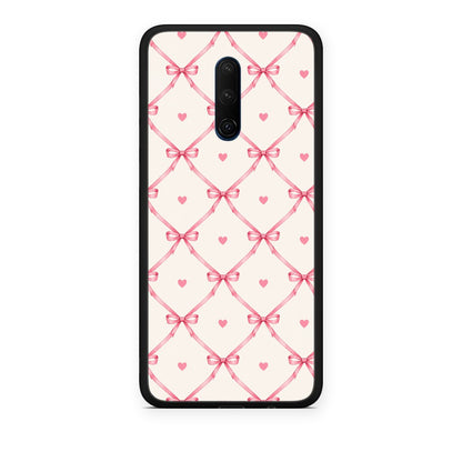 Θήκη OnePlus 7T Pro Pink Bow Lattice and Hearts on Cream από τη Smartfits με σχέδιο στο πίσω μέρος και μαύρο περίβλημα | OnePlus 7T Pro Pink Bow Lattice and Hearts on Cream case with colorful back and black bezels