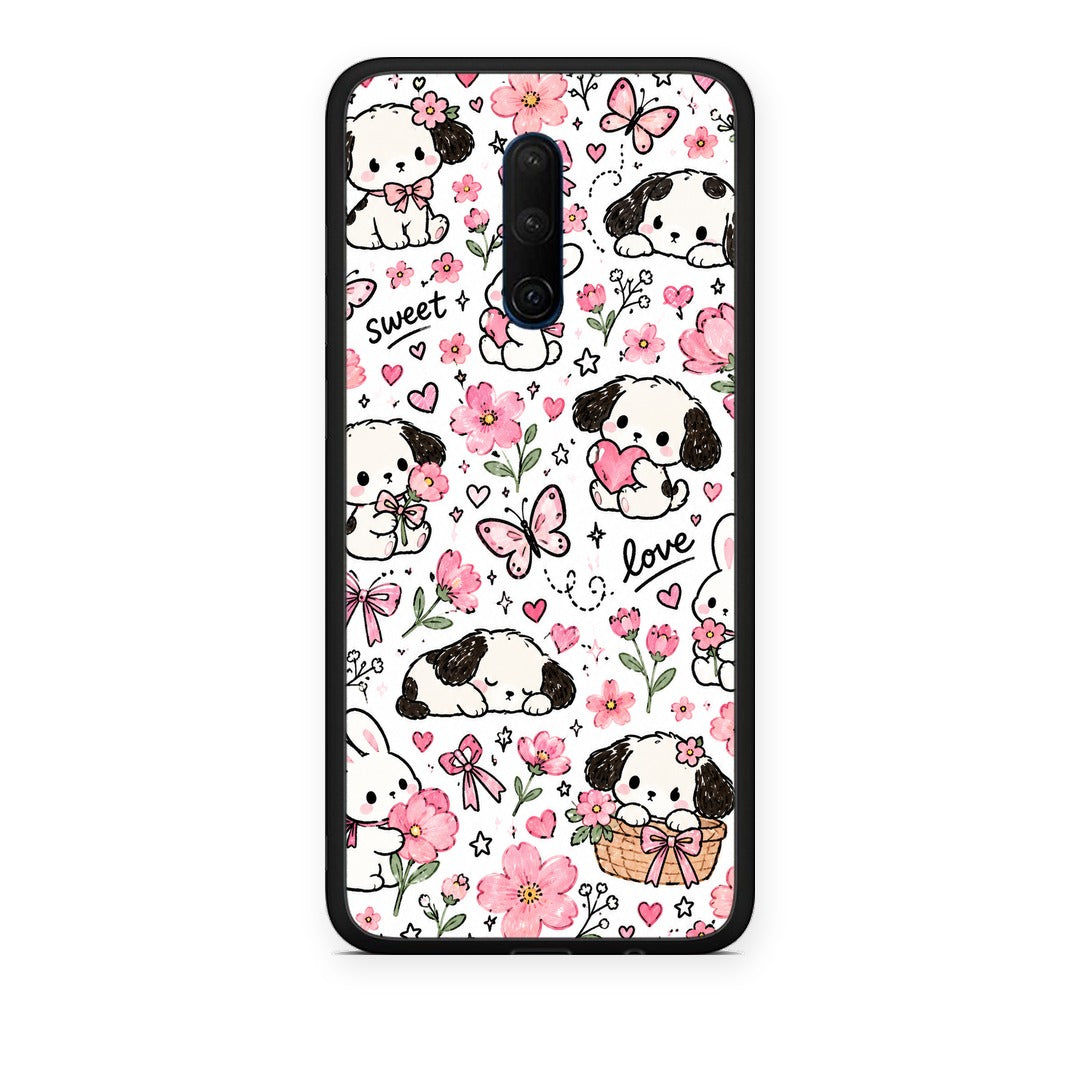 Θήκη OnePlus 7T Pro Pink Florals Puppies and Bunnies on White από τη Smartfits με σχέδιο στο πίσω μέρος και μαύρο περίβλημα | OnePlus 7T Pro Pink Florals Puppies and Bunnies on White case with colorful back and black bezels