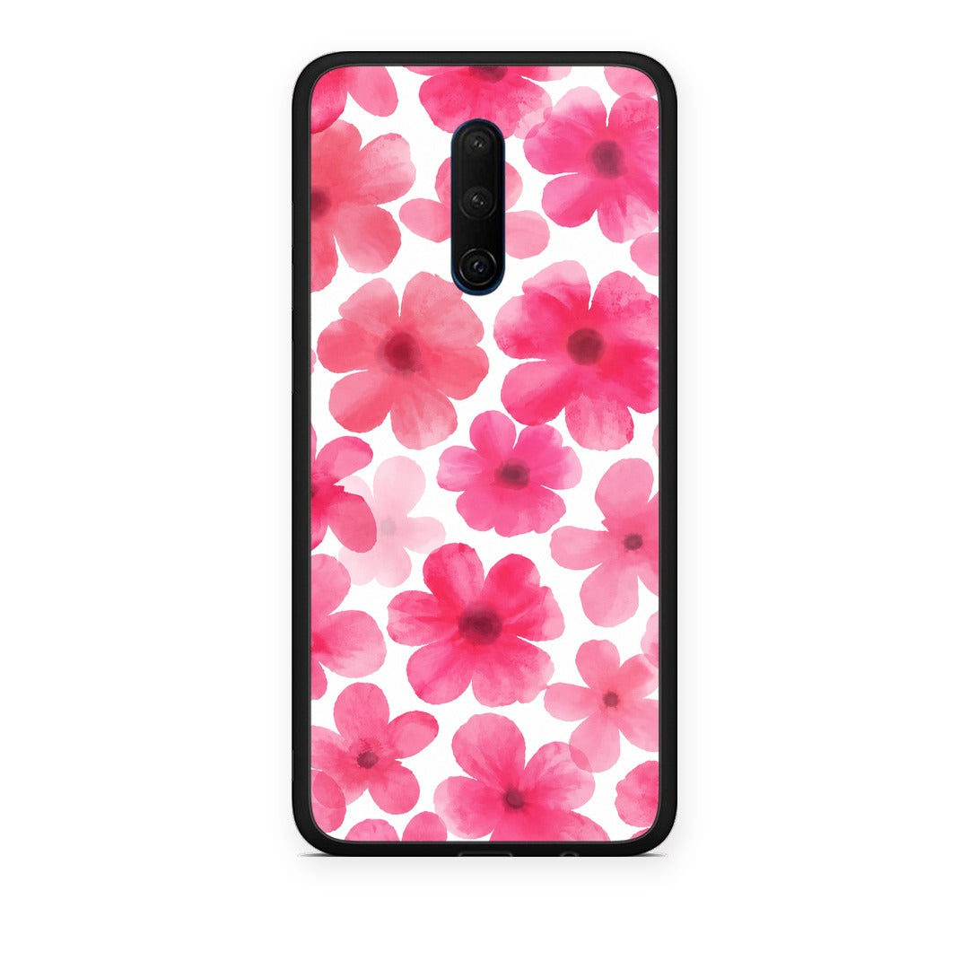 Θήκη OnePlus 7T Pro Pink Watercolour Flowers on White από τη Smartfits με σχέδιο στο πίσω μέρος και μαύρο περίβλημα | OnePlus 7T Pro Pink Watercolour Flowers on White case with colorful back and black bezels