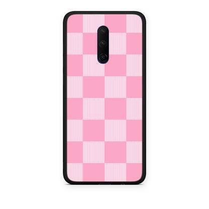 Θήκη OnePlus 7T Pro Pink and White Striped Checks από τη Smartfits με σχέδιο στο πίσω μέρος και μαύρο περίβλημα | OnePlus 7T Pro Pink and White Striped Checks case with colorful back and black bezels