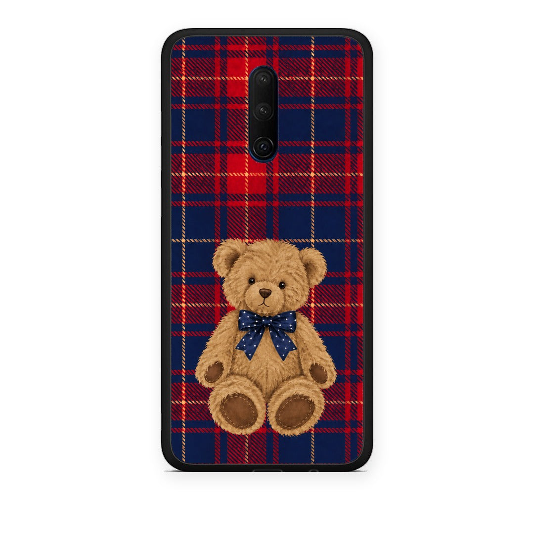 Θήκη OnePlus 7T Pro Teddy Bear on Red and Navy Tartan από τη Smartfits με σχέδιο στο πίσω μέρος και μαύρο περίβλημα | OnePlus 7T Pro Teddy Bear on Red and Navy Tartan case with colorful back and black bezels