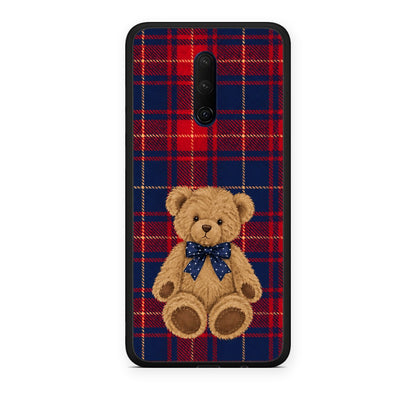 Θήκη OnePlus 7T Pro Teddy Bear on Red and Navy Tartan από τη Smartfits με σχέδιο στο πίσω μέρος και μαύρο περίβλημα | OnePlus 7T Pro Teddy Bear on Red and Navy Tartan case with colorful back and black bezels