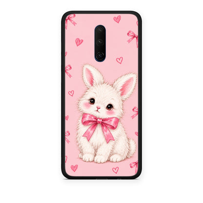 Θήκη OnePlus 7T Pro White Bunny and Pink Bows από τη Smartfits με σχέδιο στο πίσω μέρος και μαύρο περίβλημα | OnePlus 7T Pro White Bunny and Pink Bows case with colorful back and black bezels