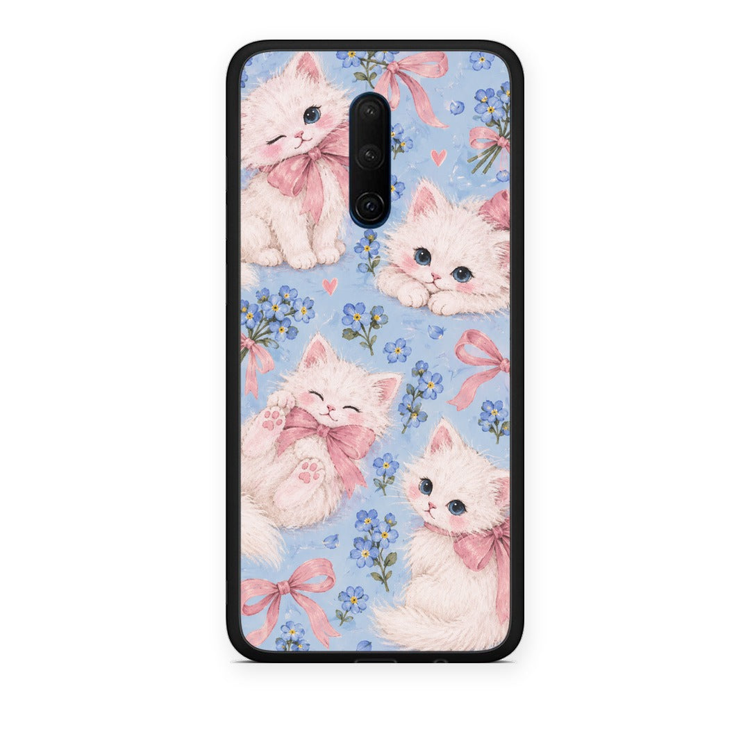 Θήκη OnePlus 7T Pro White Kittens and Blue Flowers Large από τη Smartfits με σχέδιο στο πίσω μέρος και μαύρο περίβλημα | OnePlus 7T Pro White Kittens and Blue Flowers Large case with colorful back and black bezels