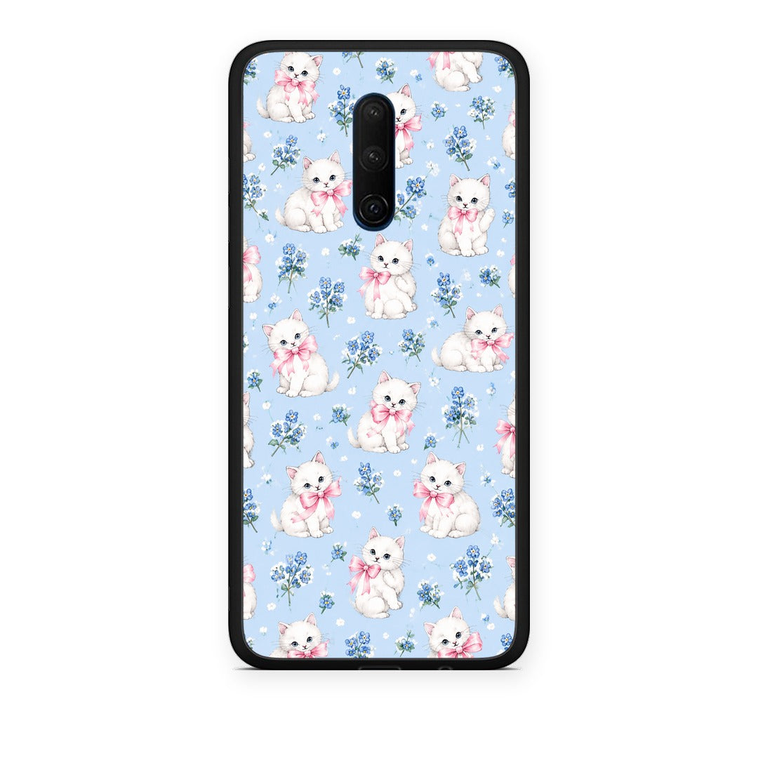 Θήκη OnePlus 7T Pro White Kittens and Blue Flowers Small από τη Smartfits με σχέδιο στο πίσω μέρος και μαύρο περίβλημα | OnePlus 7T Pro White Kittens and Blue Flowers Small case with colorful back and black bezels