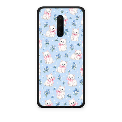 Θήκη OnePlus 7T Pro White Kittens and Blue Flowers Small από τη Smartfits με σχέδιο στο πίσω μέρος και μαύρο περίβλημα | OnePlus 7T Pro White Kittens and Blue Flowers Small case with colorful back and black bezels