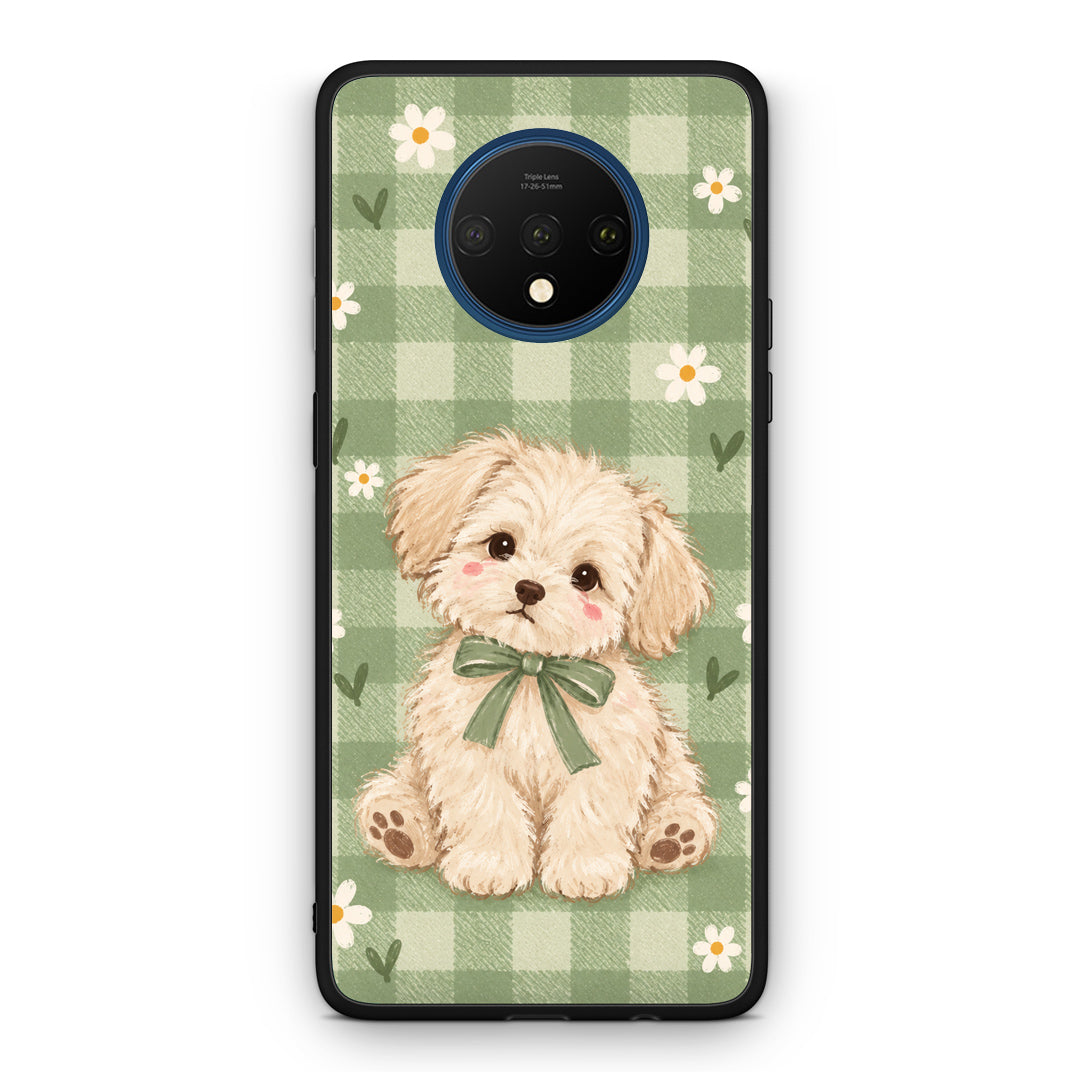 Θήκη OnePlus 7T Puppy and Daisies on Sage Gingham από τη Smartfits με σχέδιο στο πίσω μέρος και μαύρο περίβλημα | OnePlus 7T Puppy and Daisies on Sage Gingham case with colorful back and black bezels
