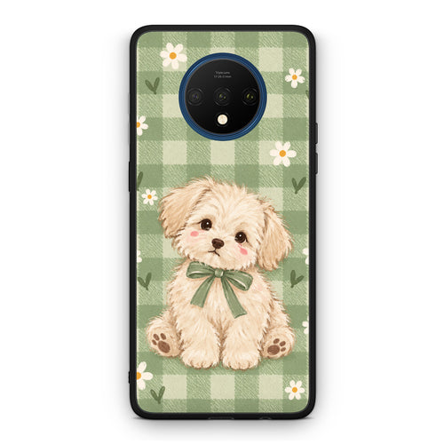 Θήκη OnePlus 7T Puppy and Daisies on Sage Gingham από τη Smartfits με σχέδιο στο πίσω μέρος και μαύρο περίβλημα | OnePlus 7T Puppy and Daisies on Sage Gingham case with colorful back and black bezels