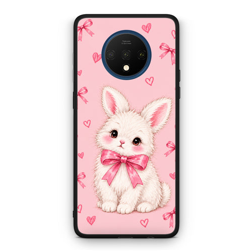 Θήκη OnePlus 7T White Bunny and Pink Bows από τη Smartfits με σχέδιο στο πίσω μέρος και μαύρο περίβλημα | OnePlus 7T White Bunny and Pink Bows case with colorful back and black bezels