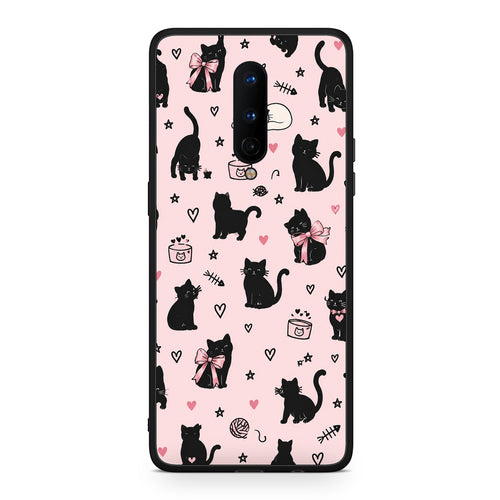 Θήκη OnePlus 8 Black Cat Doodles on Pink από τη Smartfits με σχέδιο στο πίσω μέρος και μαύρο περίβλημα | OnePlus 8 Black Cat Doodles on Pink case with colorful back and black bezels