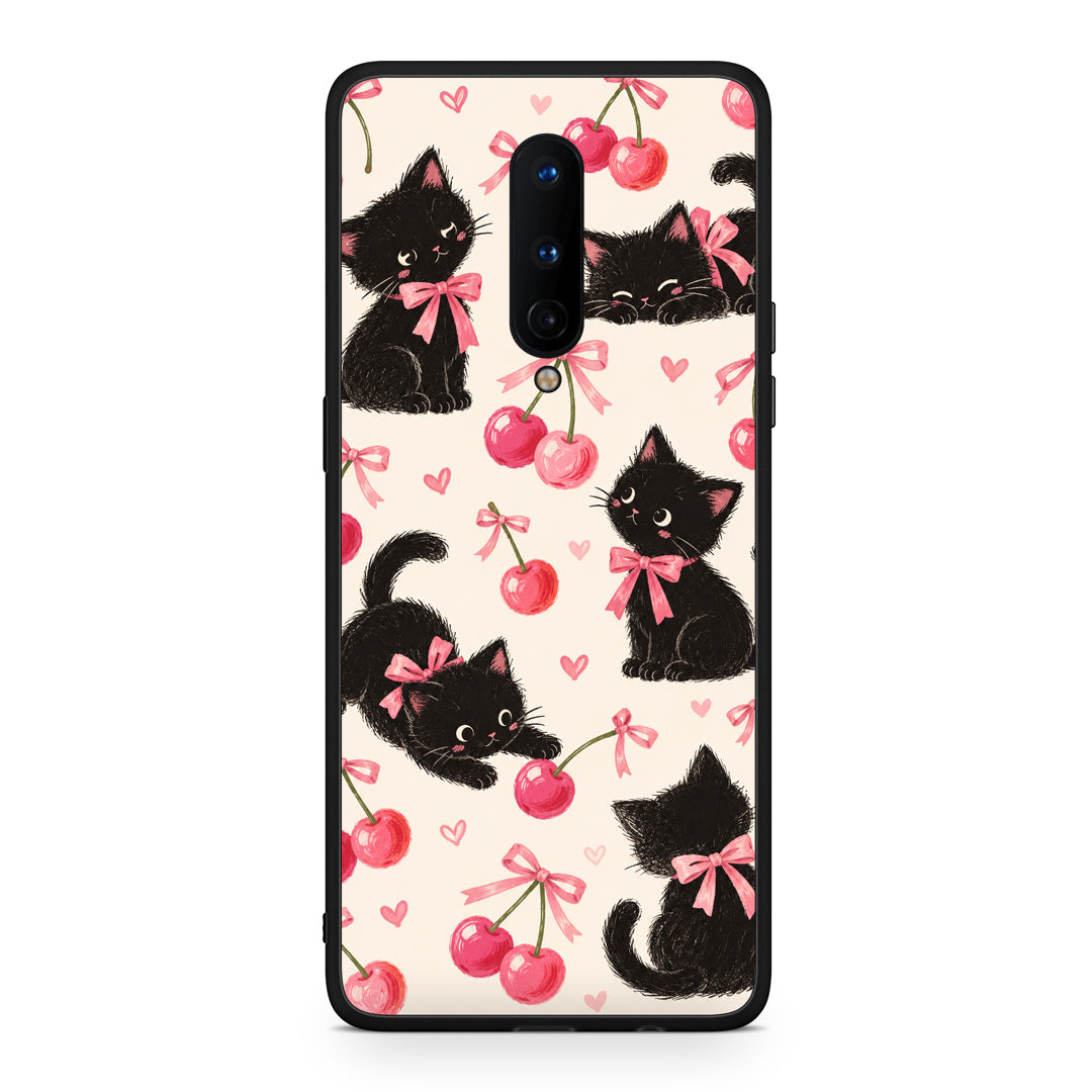 Θήκη OnePlus 8 Black Kittens and Cherries on Cream από τη Smartfits με σχέδιο στο πίσω μέρος και μαύρο περίβλημα | OnePlus 8 Black Kittens and Cherries on Cream case with colorful back and black bezels