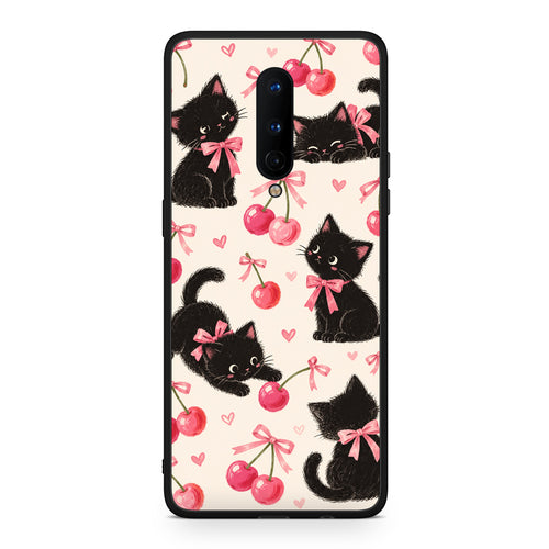 Θήκη OnePlus 8 Black Kittens and Cherries on Cream από τη Smartfits με σχέδιο στο πίσω μέρος και μαύρο περίβλημα | OnePlus 8 Black Kittens and Cherries on Cream case with colorful back and black bezels